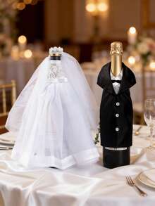 1 set decor pentru sticlă de vin de nuntă, ținută formală pentru mire și mire, decorare masă pentru petrecere de nuntă, cadou de aniversare - Multicolor - Vizualizare 2