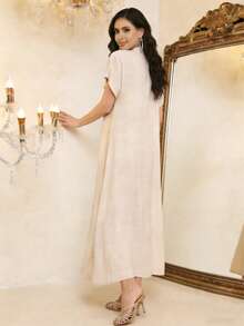 Elegant Embroidered Beaded Arabic Dress, Short Sleeve V-Neck Jalabiya Dress, Ramadan Atmosphere, Soft 2026 New Design Robe - Apricot - View 9