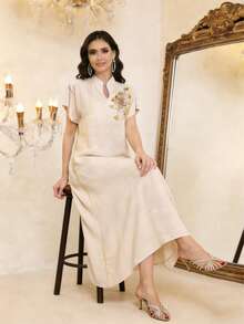 Elegant Embroidered Beaded Arabic Dress, Short Sleeve V-Neck Jalabiya Dress, Ramadan Atmosphere, Soft 2026 New Design Robe - Apricot - View 5