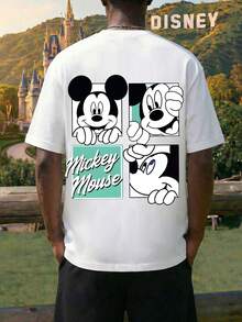 This Men's White Pullover Short Sleeved T-Shirt And Drawstring Shorts Two-Piece Set Features Disney Mickey Mouse Lettering And Mickey Mouse Fashion Pattern Design. A Breathable And Comfortable Summer Casual Suit Is The Perfect Gift For Men. - 白色+黑色 - 查看 2