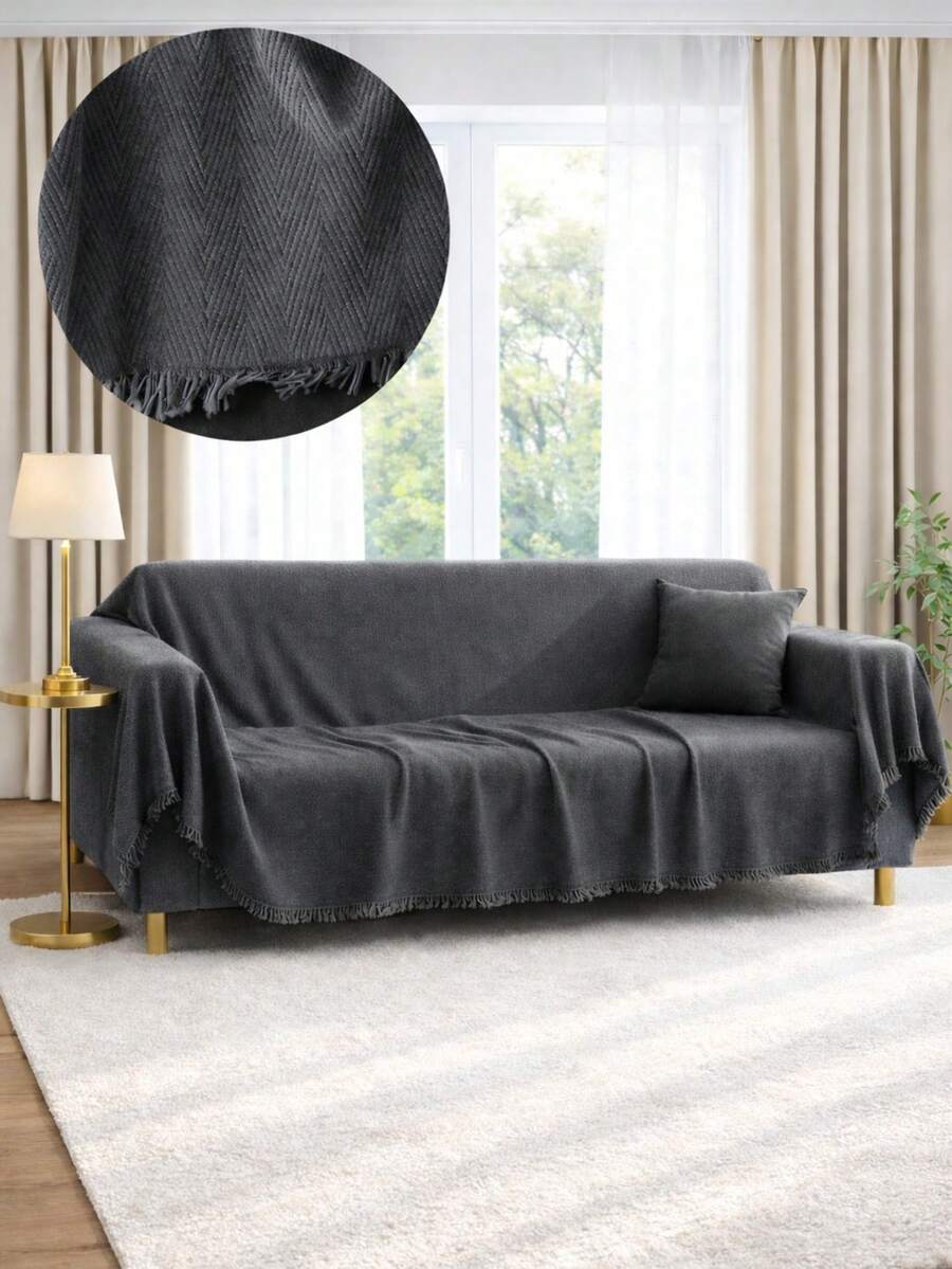 Non-Slip Tassel Sofa Cover – 100% Cotton – 170*200 Cm – Soft And Comfortable, Made In Türkiye - Dark Grey - View 1