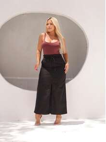 Saia Midi Feminina evângelica SUZY TECIDO LINHO PREMIUM Cintura Alta com Fenda Frontal Elegante e Confortável - Preto - Visão 6