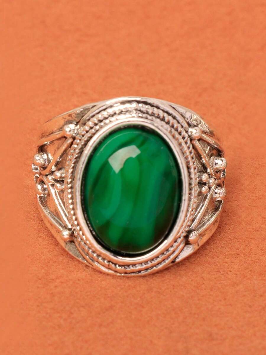 1pc Fashionable Green Series Ring, Oval Shaped Men's Ring, Couple Rings - Green - View 1