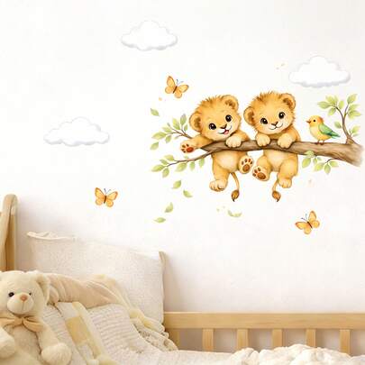 Cute Lion Cubs On Branch Wall Stickers, Peel And Stick Animal Decals, Ideal For Nursery, Kids Bedroom, Playroom & Classroom Wall Art