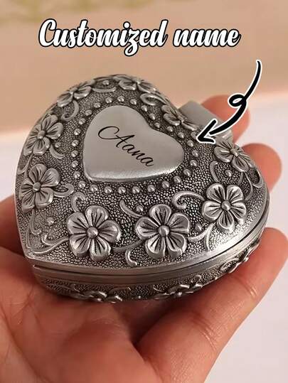 1pc Personalized Engraved Metal Jewelry Box - Custom Name/Date/Message, Custom Vintage Small Jewelry Box, Elegant Floral Design Wedding Ring Storage Case, Heart Shaped Jewelry Gift Box, Metal Keepsake Organizer For Engagement, Anniversary, Wedding, Birthday, Queen'S Day Gift, Jewelry Box, Keepsake Holder, Intricate Craftsmanship, Storage Boxes, For Necklace, Bracelet, Rings, Earrings