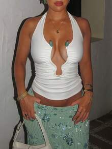 Women's Summer Vacation Beach Metal Sexy Ruched Halter Neck Crop Top - White - View 5