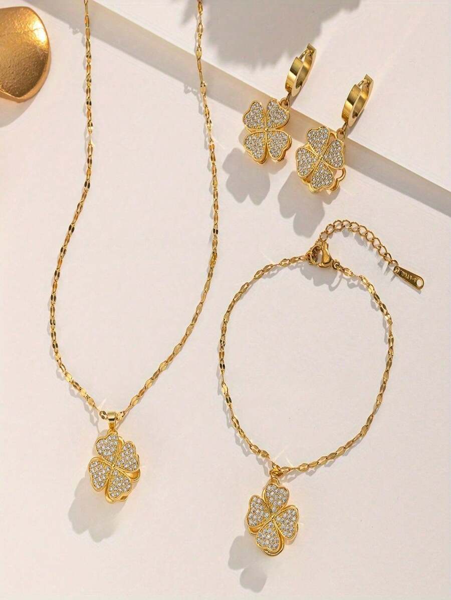 1件金色不锈钢镀层立方氧化锆旋转四叶草项链，创意个性化设计，ins风法式奢华复古男女通用时尚简约风，适合日常佩戴、节日、派对（OPP袋包装） - 金黃色 - 查看 1