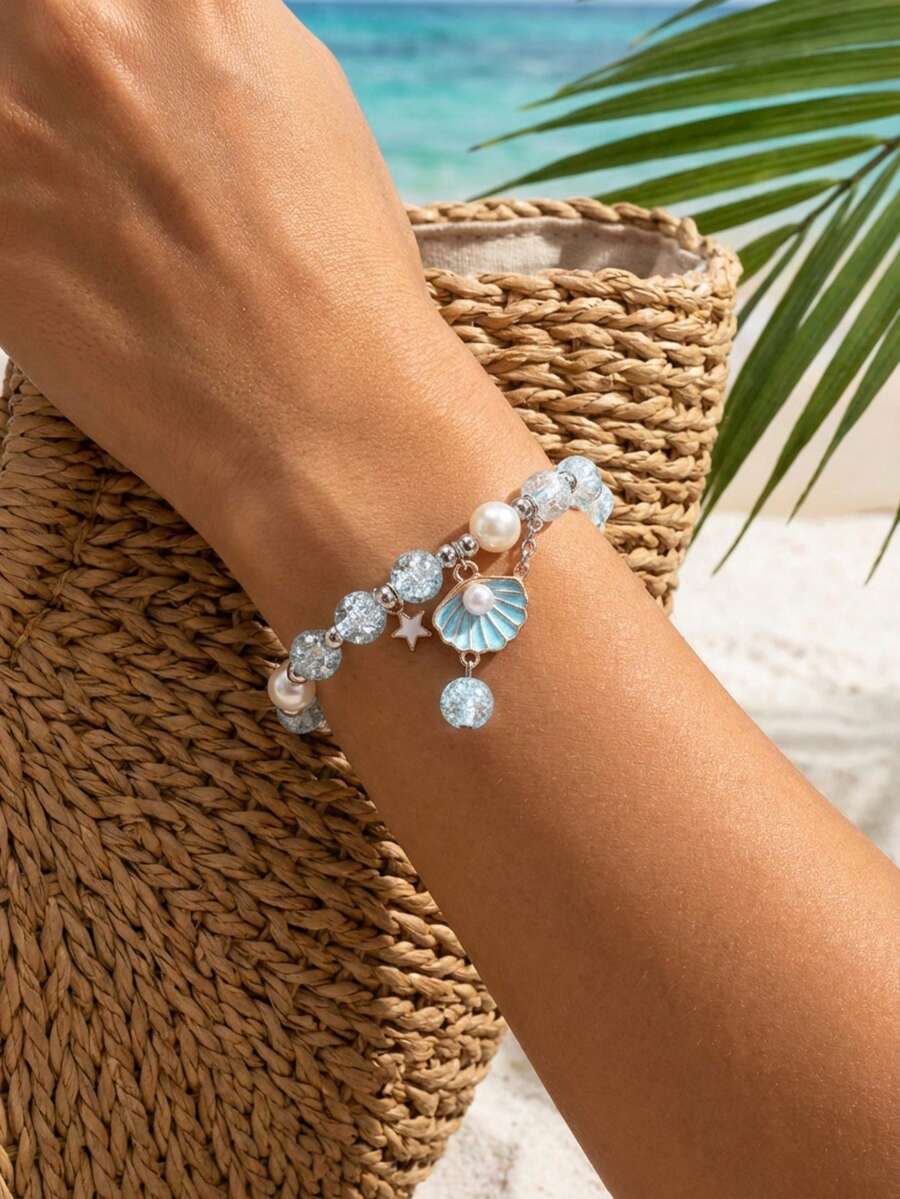 1 pieza Pulsera con cuentas de estrella de mar y concha de vidrio - Multicolor - Ver 1