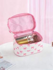 1 Stück Kosmetiktasche zur Aufbewahrung von Schminksachen für Frauen, Reise-Hautpflege-Organizer, klassisch modische Kosmetiktasche mit großer Kapazität und bestickter Schleife, Frauenessentials, Tasche, Kosmetiktasche, Reiseessentials - Pink - Übersicht 7