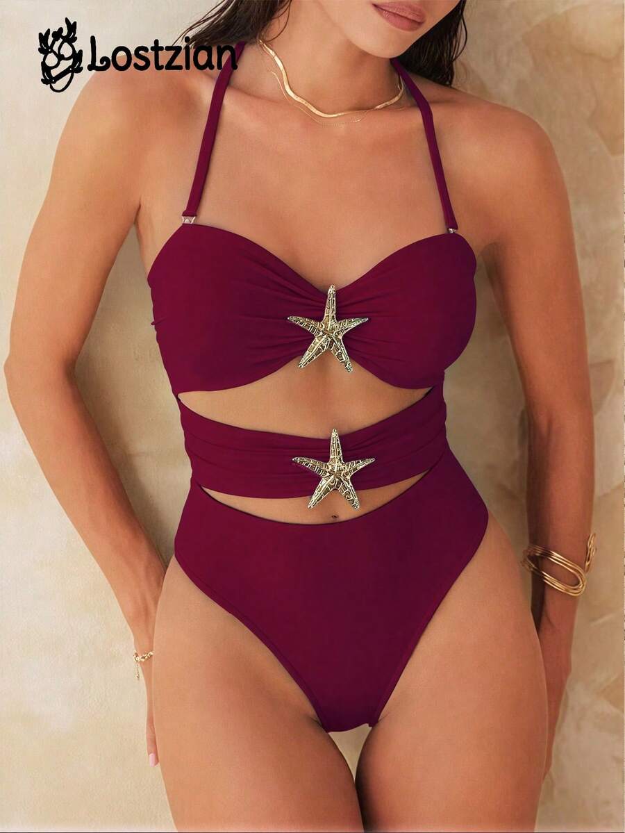 Bộ bikini gợi cảm năm 2026, đồ bơi một mảnh màu trơn thời trang, kiểu cổ yếm khoét sâu màu đỏ tía, thiết kế hở lưng đính sao biển mạ vàng sáng bóng, thích hợp cho kỳ nghỉ biển, tiệc bể bơi, ngày Valentine, lễ hội, trang phục thanh lịch, rất đáng để thử trong kỳ nghỉ hè.