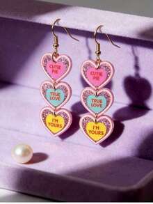 1 Pair Romantic Acrylic Heart & Letter Design Earrings, Sweet & Cute For Party And Valentine's Day - Pink - View 2