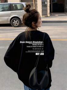 Women's Loose Fit Letter Print Long Sleeve T-Shirt, Versatile For Spring & Autumn Black Casual - Black - View 6