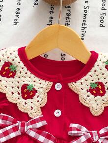 Baby Girl Solid Color Dress With Red & White Plaid Bow And Strawberry Crochet Collar - Red - View 3