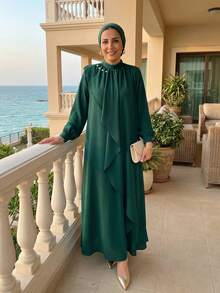 Fashion Retro Solid Green Traditional Arabic Loose Robe Dress, Modest Spring - Green - View 3