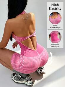 TCVC 女士条纹露背休闲日常通勤运动连体裤 - 粉色 - 查看 1