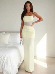 Vestido de mujer para vacaciones, bodas y fiestas con detalles de encaje en contraste, de diseño sexy - Amarillo - Ver 1