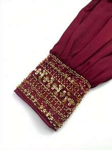 Vestido de noche elegante y ajustado con diseño de volantes de chifón, parches de lentejuelas y mangas farol de cuello redondo para mujer SUPGIR - Burdeos - Ver 11