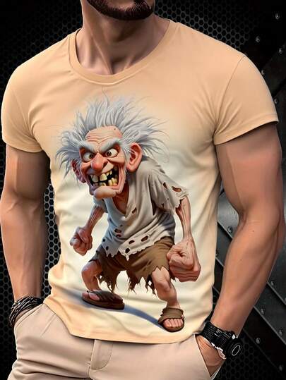 Men's 3D Cartoon Old Man Face Print T-Shirt - Humorous Numeric Printing Short Sleeve Top, Breathable Polyester Crew Neck Casual Street Style Summer Wear, Machine Washable & Gift Recommendation, Vibrant Design