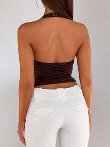 Buzzelle Áo ba lỗ dệt kim ngắn không tay cho nữ, viền nhún bất đối xứng, áo cánh thời trang co giãn cao - màu nâu - Xem 2