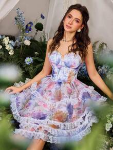 Faeriesty Vestido tubo de verano con estampado floral elegante y ribete de encaje - Multicolor - Ver 2