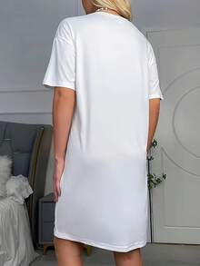 Belief Letter Print A-Line Dress - Soft And Breathable Casual Women's Clothing Spring And Summer, Round Neck Short-Sleeved Long Dress, Gray Gradient Fashion Cursive Design, Washable Fabric - Overseas Heat Transfer Print ZFT3 - 白色 - 查看 2