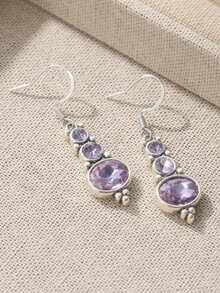 1 Pair Classic & Elegant Women's Earrings, Inlaid With Purple Cubic Zirconia, Round Pendant Earrings, Suitable For Wearing On Holidays And Weddings, Refined Feminine Accessory, Ideal Holiday Gift - Violet Purple - View 4