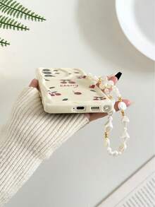 奶油色波浪纹亮面樱桃彩绘防摔手机壳，配串珠手链配件，兼容、Galaxy国际版，非国内版 - 彩色 - 查看 2