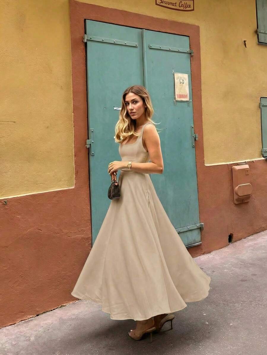 Floreya Solid Color Casual Elegant Woven Fabric Zipper Dress For Evening Date Holiday Wedding Spring Summer - Khaki - View 1