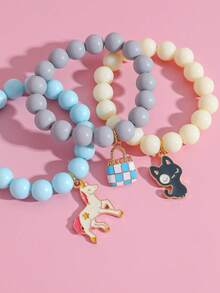 Set de 3 piezas de pulsera de dijes en la serie de colores de dopamina, elegante y versátil. Incluye dijes como un lindo caballo blanco, un gato, elementos con cuentas, adecuado para uso diario, casual, fiestas, festivales de música, vacaciones en la playa. Gran regalo para amigos. - Multicolor - Ver 3