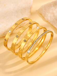 4 pièces Ensemble de bracelets de luxe en acier inoxydable, convient pour le port casual, les festivals de musique, les fêtes, les voyages, les anniversaires, les cadeaux - Doré - Voir 2