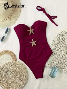 Bộ bikini gợi cảm năm 2026, đồ bơi một mảnh màu trơn thời trang, kiểu cổ yếm khoét sâu màu đỏ tía, thiết kế hở lưng đính sao biển mạ vàng sáng bóng, thích hợp cho kỳ nghỉ biển, tiệc bể bơi, ngày Valentine, lễ hội, trang phục thanh lịch, rất đáng để thử trong kỳ nghỉ hè. - Màu Đỏ Sâu - Xem 3