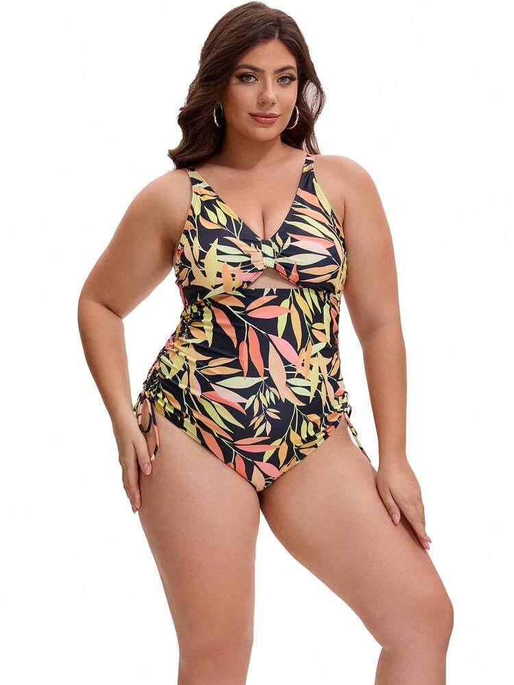 1pc Plus Size Women Hollow Out Butterfly Print Modest One-Piece Swimsuit - Black - View 6