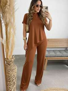 Elegant Wide-Leg Pants And Short-Sleeve T-Shirt Set - Modest Blouse - Óxido marrón - Ver 1