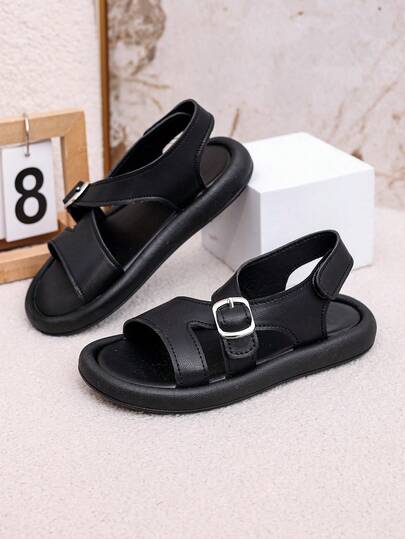 1 Pair Unisex Fashion New PU Hook And Loop Design Flat Cute Sandals, Soft Bottom Non-Slip Children Beach Shoes, Suitable For Summer