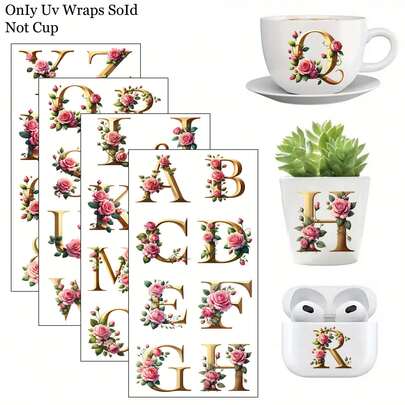 32张/套 春季花卉字母UV DTF转印贴纸，包含字母、花卉藤蔓图案，优雅的符号和花朵，适用于钥匙扣、杯子、瓶子、工艺品等 - 自粘DIY工艺品套装，DIY艺术贴纸 - 易于粘贴的DIY工艺品高粘度UV DTF转印纸，适用于家居装饰、工艺品制作（不含杯子，仅贴纸）