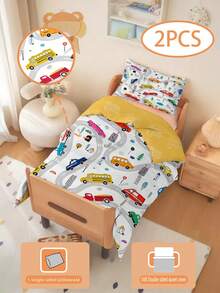 2件套幼儿卡通汽车图案被套套装（四季皆宜）双面被套套装，适用于婴儿和儿童，可机洗，适合新生儿床、婴儿床，节日送礼佳品（1个单面印花枕套+1个双面印花被套，不含填充物）枕套为单面印花，尺寸为40x60厘米，100%涤纶 - 彩色 - 查看 3