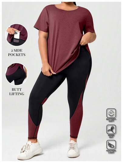 Rhythm Era Plus Size Women Sports T-Shirt And Mesh Splice Yoga Leggings (With Phone Pocket) Fitness Set