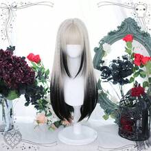 26 Inch Medium Straight Synthetic Hair Wig, Ombre Black To White Full Head Wig, High Density Long Hair Wig For Women - Black - View 8