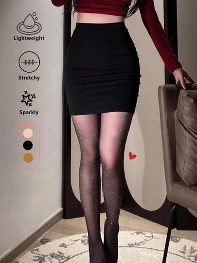 1件装女士性感透明连裤袜，饰有彩色水钻烫钻，肤色/黑色/棕色，闪亮钻石装饰，防勾丝，轻薄款式，适合日常和派对穿着。