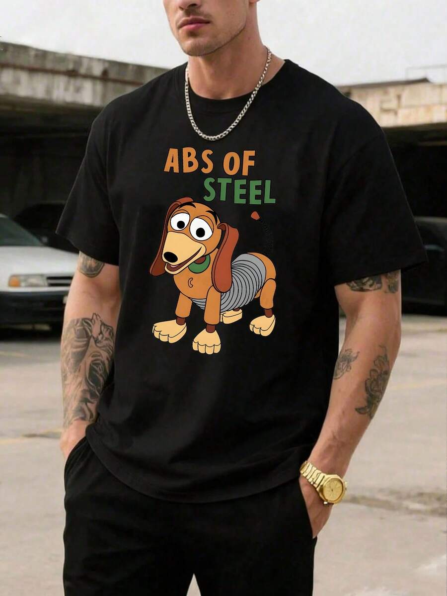 Men's Disney Casual T-Shirt, "Abs Of Steel" Slinky Dog Print, Funny Toy Story Design, Comfortable Soft Fabric, Perfect For Movie Fans - 黑色 - 查看 1
