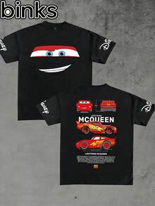 Disney Binks (Double-Sided Printing): Cars Flash McQueen Cartoon Printed Short Sleeved T-Shirt,  Loose Sleeved T-Shirt On The Street. Spring And Summer Fashionable Versatile Tops, Holiday Gifts, Vintage Prints. - 黑色 - 查看 2