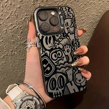 携帯電話ケース - 鮮やかな黒色のカートゥーングラフィティデザインの携帯電話ケース、17、16、15、14、13、12、11、Plus、Pro、Pro、17Air、S25、S24 Plus、S23、S22 Ultra、FEに対応。この光る携帯電話ケースは発光し、猫の模様が入っており、長方形のデザインを採用しています。 DJU3 - 半透明の黒 - チェックする 2
