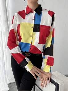 1pc Women's Geometric Plaid Placement Print Shirt, Elegant Collared Long Sleeve Blouse, Comfortable & Breathable, Suitable For Work, Daily Wear, Parties, Weddings, New Year And Other Occasions, An Ideal Gift For Girlfriend, Wife, Mother - Multicolor - View 8