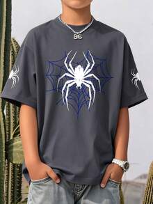 1 pieza Camiseta de manga corta con estampado geométrico de araña para adolescentes, suave y cómoda, adecuada para el estilo callejero de primavera/verano - Gris Oscuro - Ver 1