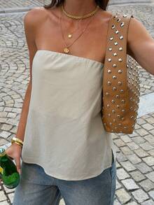 PoPoHouse 女士纯棉夏季优雅抹胸性感露背上衣，适合时尚休闲海滩度假派对日常外出穿着 - 卡其色 - 查看 11