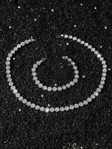 1pc Women's 8mm Wide Full Rhinestone Round Splice Necklace & Bracelet Set - Style a - View 2