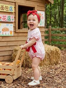 Baby Girls 2Pcs Summer Set Striped Short Sleeve Round Neck Baseball Embroidery Romper  Bow Headband - Rosa - Ver 5
