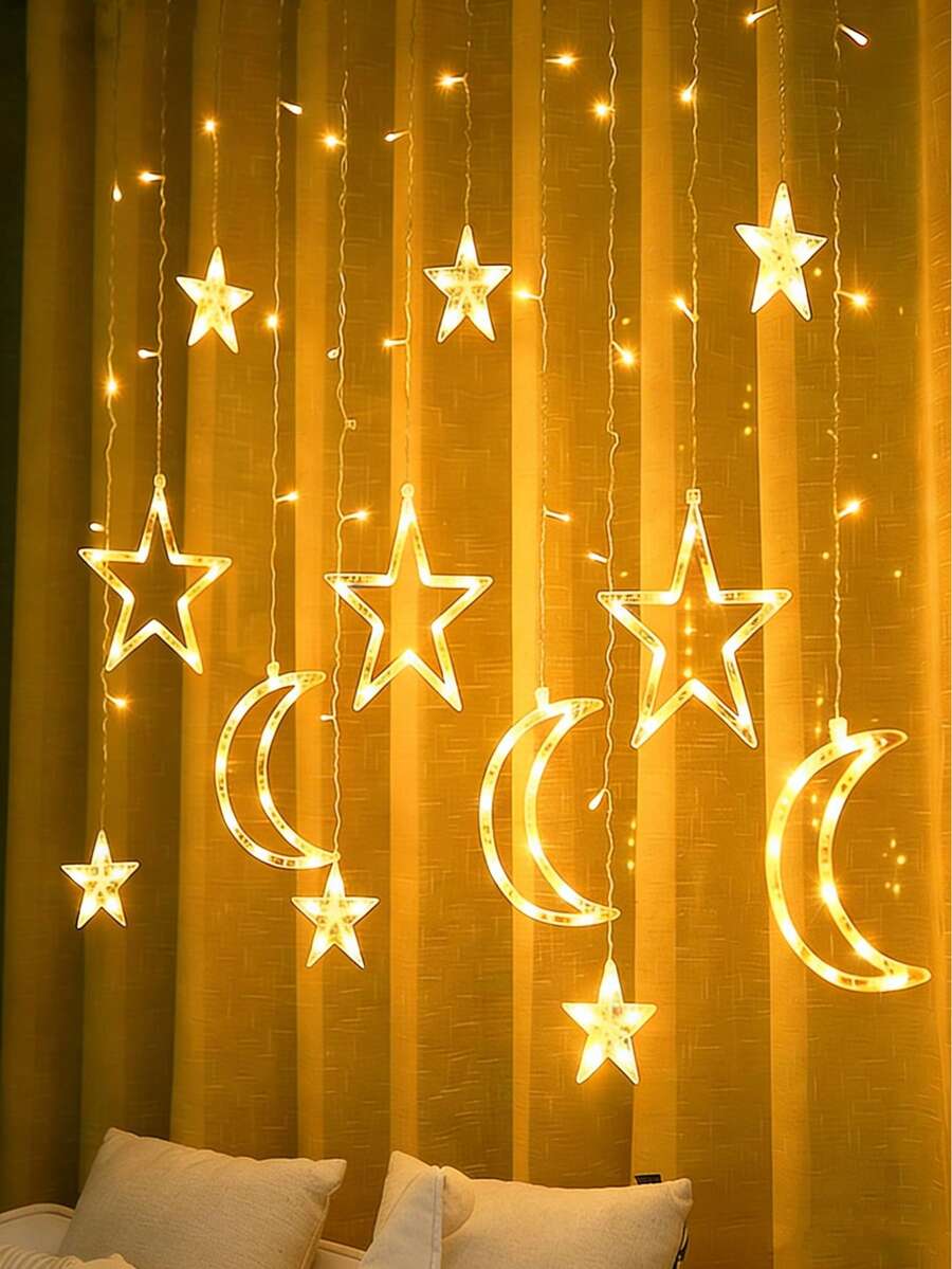 12件套闪亮LED窗帘灯，星月图案，圣诞装饰灯，适用于婚礼、情人节、家居、花园、卧室、室内外墙面装饰 - 星月 - 查看 1