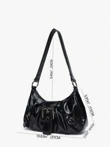 Y2K Vintage Soft Distressed Leather Motorcycle Bag With Rivet, Buckle, Pleated Cloud Decor, Shoulder/Underarm Bag, Suitable For Work, Commute, Date, Party, Street & Japanese Bag For Women, Halloween Purse Perfect For Fancy Party Halloween Fashion & Gothic Fashion , Vintage Bag , Y2k - 黑色 - 查看 2