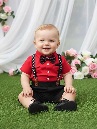 两件套男婴绅士套装，红色衬衫配领结和黑色背带短裤，时尚正式的服装，适合百日庆典、生日派对、婚礼、花童等场合。